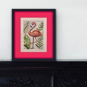 Tropical Pink Flamingo - Original Pen & Watercolour Boho Eclectic Art Print - Digital