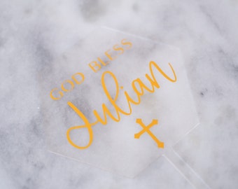 Hexagon Baptism Cake Topper, God Bless Cake Topper, Communion, Modern Acrylic Cake Topper, Personalized Baptism Topper, Party Decorations