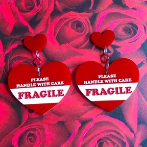 Valentine&#39;s Day Earrings Heart Shaped Earrings Acrylic Earrings Fragile Please Handle With Care Unique Earrings Handmade Earrings Valentines