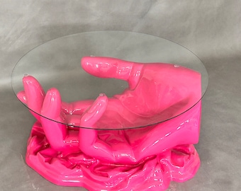 Table hand pink wonderful artwork couch glass eye catcher cool table art glass table pink art