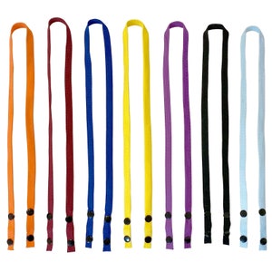 May include: Set of ten colorful lanyard straps with black button closures. The straps are made of a woven material and come in a variety of colors, including orange, maroon, blue, yellow, purple, black, and light blue.