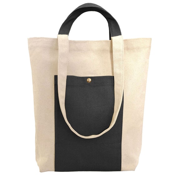 Black Canvas Tote Bag, Shopping Bag With Pocket, Tote Bag With Compartments,  Eco Friendly Bag, Shoulder Handbag, Durable Grocery Bag, KELAMY 