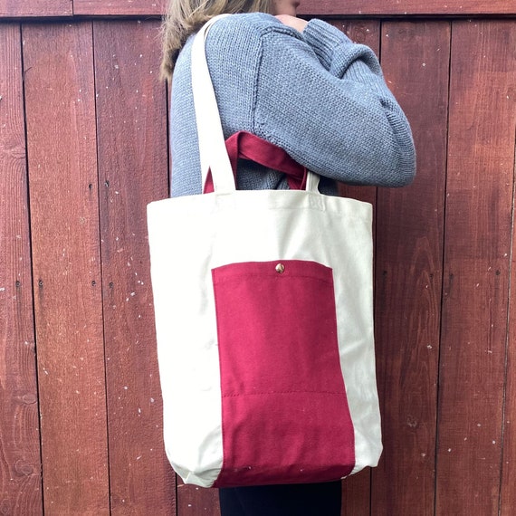 Red Canvas Tote Bag With Pockets, Shopping Tote Bag With