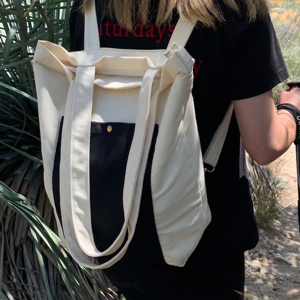 Black Convertible Canvas Backpack Tote Purse, Zipper Totepack, Laptop Bag With Pockets, Backpack For School, Work, Laptop Bag | KELAMY