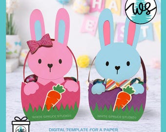 3D Paper Bunny Egg Basket SVG Cut File, Easter Treat Box Template
