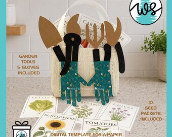 Garden Paper Purse and Tools SVG Template, Gardening Gift Box, Seed Packets PNG PDF