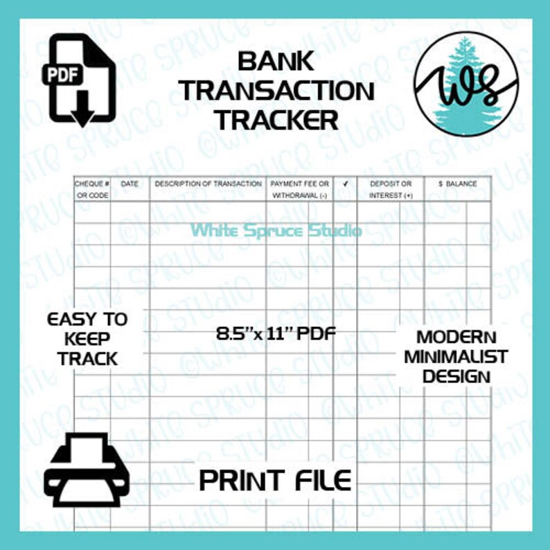 Cheque Tracker Printable Bank Transaction Tracker: Checkbook Register Ledger (PDF) - Etsy