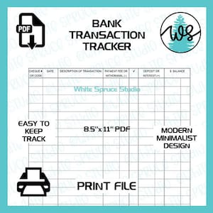 Printable Bank Transaction Tracker, Checkbook Register PDF, Check Register Ledger, Bank Balance Sheet, Bank Balance Log, Printable Checkbook