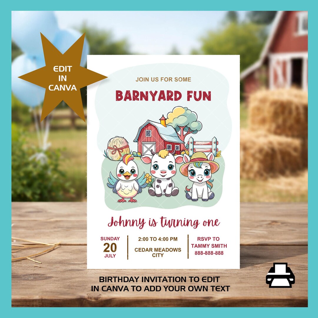 Barnyard Farm Animals Birthday Invitation Canva Edit - Etsy