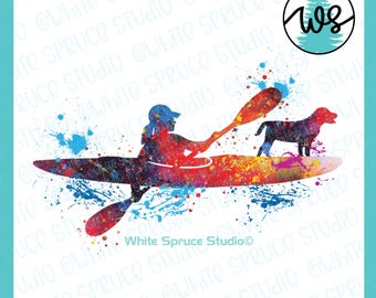 Kayak Woman & Dog Splatter Print: Colorful Kayaker PNG (Digital Download)