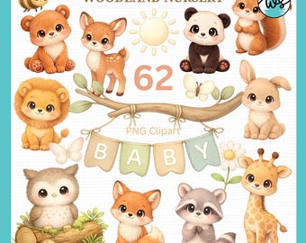 Baby Animal Clipart Bundle, Woodland Nursery PNG Set