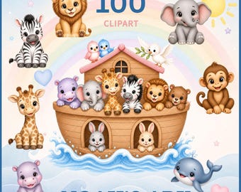Noah’s Ark Printable Clipart Bundle, Baby Animals PNG, Nursery Digital Paper