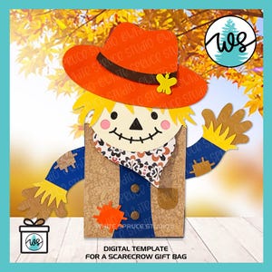 Scarecrow Treat Bag SVG Template, Fall Halloween Gift Bag, Autumn Party Favor, Thanksgiving Candy Bag, Halloween Classroom Treat Holder Bag