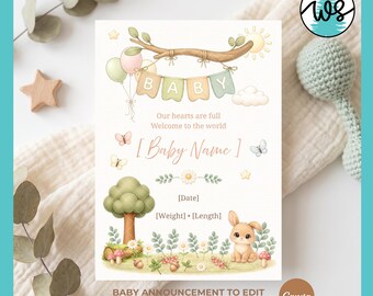 Baby Announcement Template 5x7 Canva Editable, Woodland Nursery Card