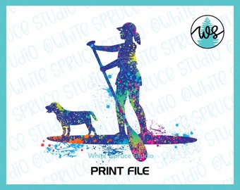 SUP Woman with Dog Print, sup Sublimation, Stand Up Paddle PNG, Woman sup Print, Paddle Board Print, Colored sup Print, Splattered Print PNG