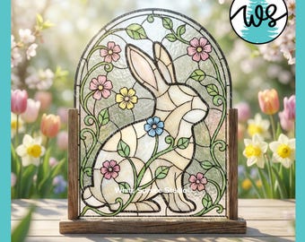 Stained Glass Bunny Pattern SVG & Printable, Easter Floral Rabbit Design