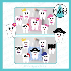 Tooth Fairy Tooth SVG, Tooth Fairy SVG, Cartoon Tooth SVG, Pirate, Bat Mask, Baseball, Bow, Girl Boy Tooth, Lost Tooth, Crown, Pillow Tooth