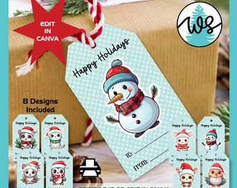 Editable Christmas Gift Tags, Printable Holiday Favor Tags (Canva Template)