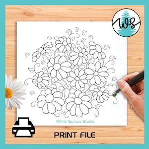 Timbro digitale a forma di fiore in formato PNG, Arte floreale con colori Copic, Fiori e margherite con disegno al tratto, Clipart di margherite scarabocchiate, Creazione di biglietti con stampa di fiori, Sentimento di speranza