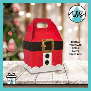 Puede incluir: Una caja de golosinas roja con temática de Papá Noel con cinturón negro, hebilla dorada y ribete blanco. La caja tiene un asa y el texto "DIGITAL TEMPLATE FOR A SANTA TREAT BOX".