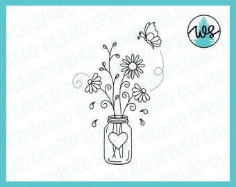 Single Line Design, Foil Quill, Foil Transfer, Wildflowers SVG, Flowers svg, Mason Jar SVG, Engraving, Embossing, Drawing SVG, Butterfly svg