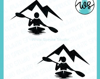 May include: Two black and white silhouette illustrations of a person kayaking in front of a mountain range. The person is sitting in a kayak with a paddle in their hands.