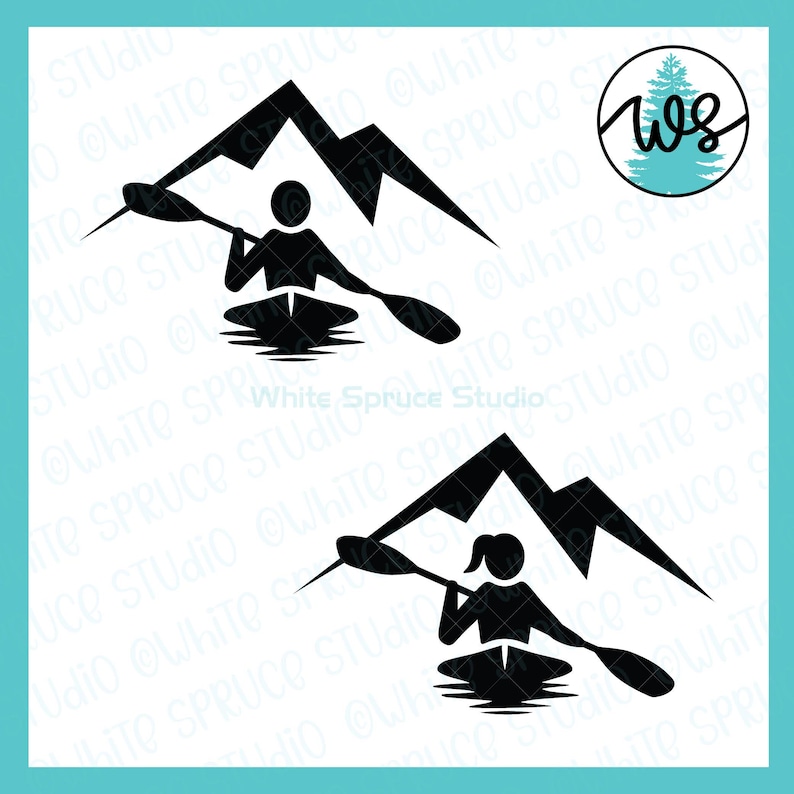 Kayak Silhouette SVG: Man Woman Kayaking Mountains Cut File