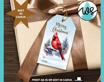 Cardinal Christmas Gift Tag, Winter Bird Printable (Editable Canva Template)