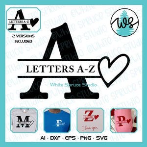 Alphabet Buchstaben SVG, Valentinstag Alphabet Clipart Bundle, Split Letter Monogram SVG, Alphabet Bundle, druckbare PNG Monogramm Alphabet Clipart