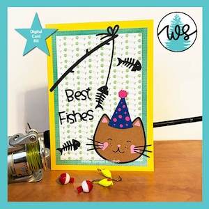Tarjeta de pesca SVG, tarjeta de cumpleaños de gato divertido, página de elaboración SVG, plantilla de tarjeta de cumpleaños SVG, tarjeta de pesca divertida, plantilla de tarjeta de deseos de cumpleaños