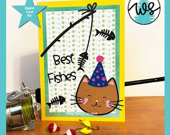 Funny Cat Fishing Birthday Card SVG Template (Digital Download)
