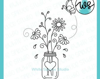 Wildflower Mason Jar Single Line SVG: Foil Quill Design (Digital Download)