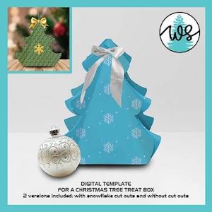 May include: Digital template for a Christmas tree treat box. The template features a blue and white Christmas tree design with snowflakes. Two versions are included: one with snowflake cutouts and one without.