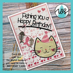 Tarjeta de pesca SVG, tarjeta de cumpleaños de gato divertido, página de elaboración SVG, plantilla de tarjeta de cumpleaños SVG, tarjeta de pesca divertida, plantilla de tarjeta de deseos de cumpleaños