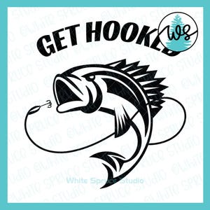 May include: Black and white graphic of a fish with a fishing hook in its mouth. The words "GET HOOKED" are above the fish in bold, black letters. A logo with a tree is in the upper right corner.
