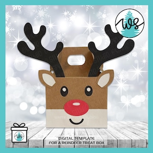 Reindeer Treat Box SVG Template, Christmas Reindeer Paper Gift Box Template, Holiday Treat Holder Cut File, Cricut Reindeer Treat Holder