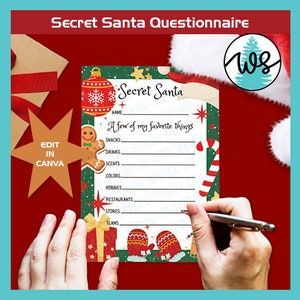 Cuestionario imprimible para el intercambio secreto de regalos navideños, lista de deseos navideños, intercambio secreto de regalos, cuestionario sobre regalos, lista navideña editable