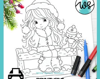 Winter Girl and Bird Digital Stamp: Christmas Card Making PNG Line Art (Digital Download