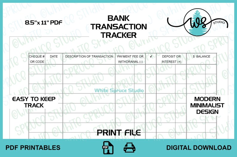 Cheque Tracker Printable Bank Transaction Tracker: Checkbook Register Ledger (PDF) - Etsy