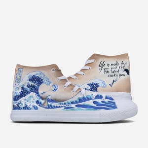 Hand Painted Shoes with the GREAT WAVE with Surfer and quote – Customisable Koko Art Sneakers