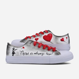Girl with Balloon with hearts Hand Painted canvas shoes - Graffiti style hand painted and customisable shoes