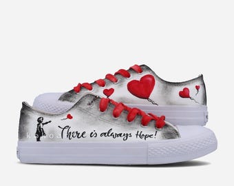 Girl with Balloon with hearts Hand Painted canvas shoes - Graffiti style hand painted and customisable shoes