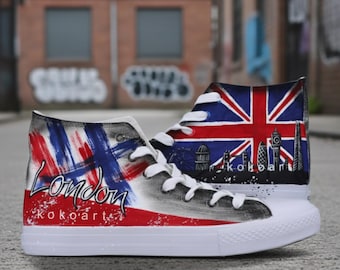 Tênis com grafite londrino pintado à mão – Tênis personalizados com a bandeira do Reino Unido