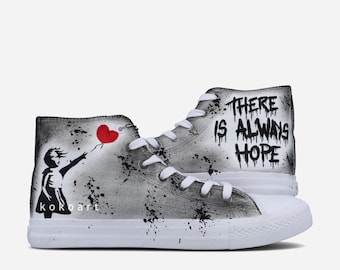 Girl with Balloon Hand-Painted Sneakers – Graffiti Art Shoes
