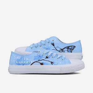 Hand Painted canvas shoes with blue flowers and Butterflies - floral canvas shoes for kids