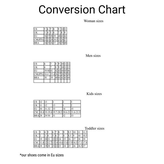 Shoe Size Chart Etsy