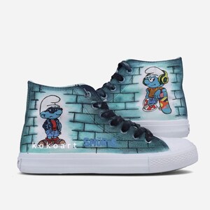 Oficjalne buty Smurf x Koko Art malowane ręcznie – wyjątkowe obuwie artystyczne, spersonalizowany prezent