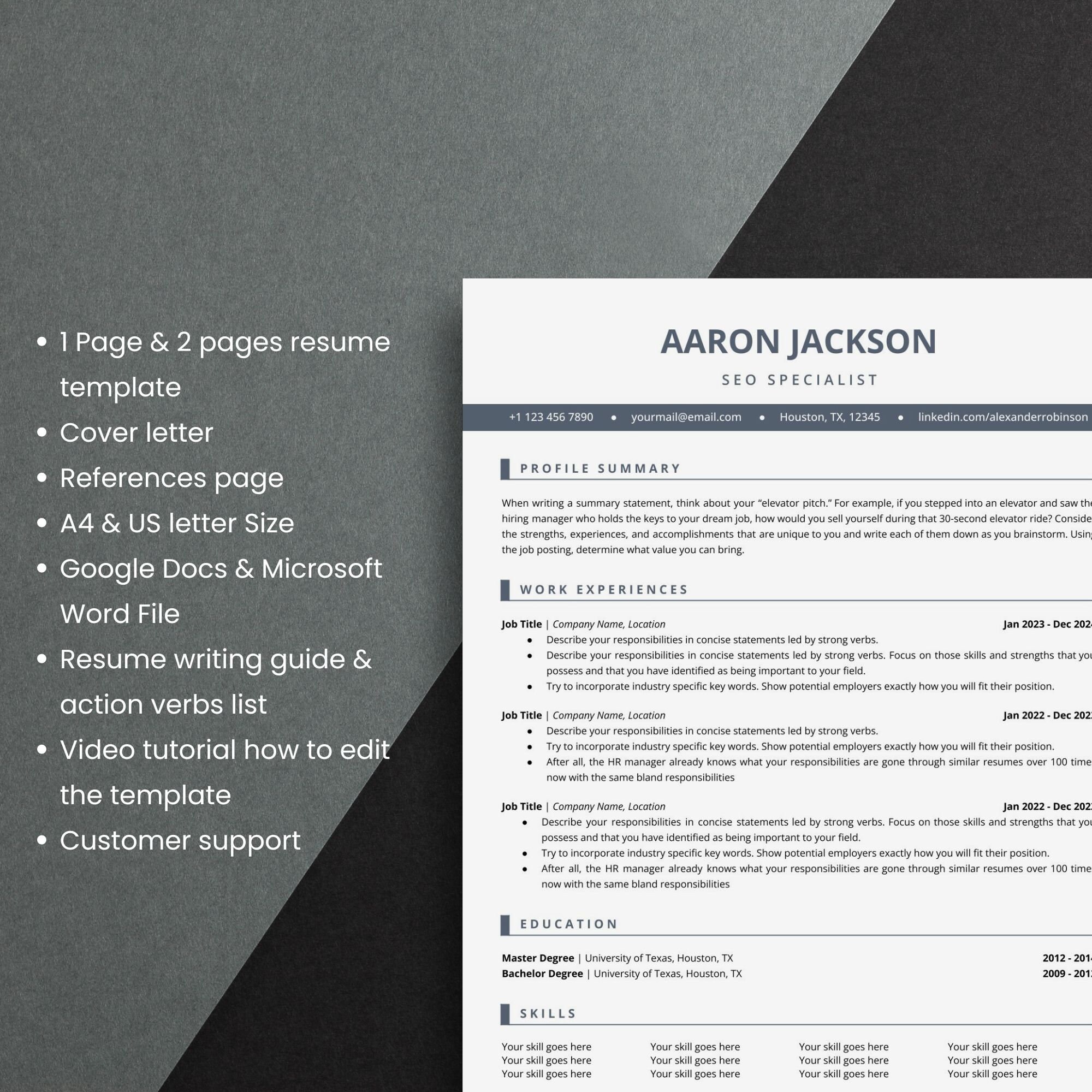 Google Docs Resume, Microsoft Word Resume, ATS Friendly Resume Template ...