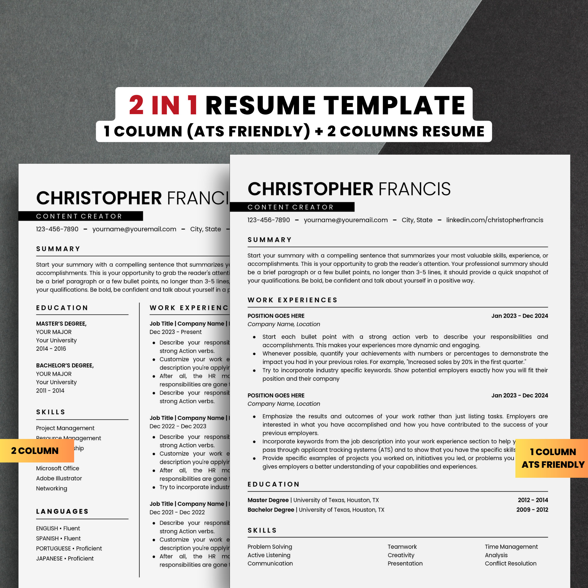 ATS Friendly Resume Template Google Docs and Word | Cover Letter ...