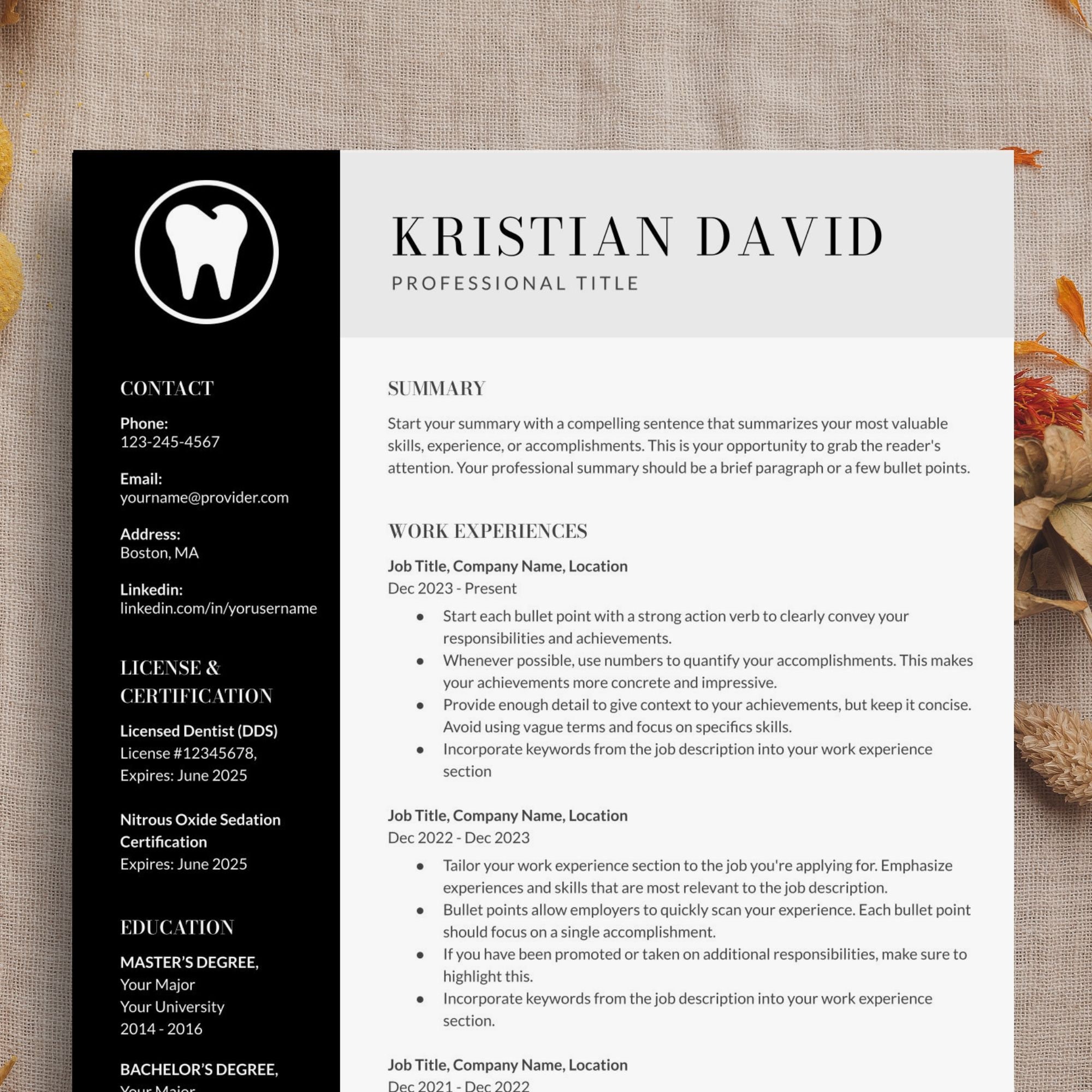 Dental resume template google docs and microsoft word, dental assistant, nurse resume template, dentist CV template, minimalist resume